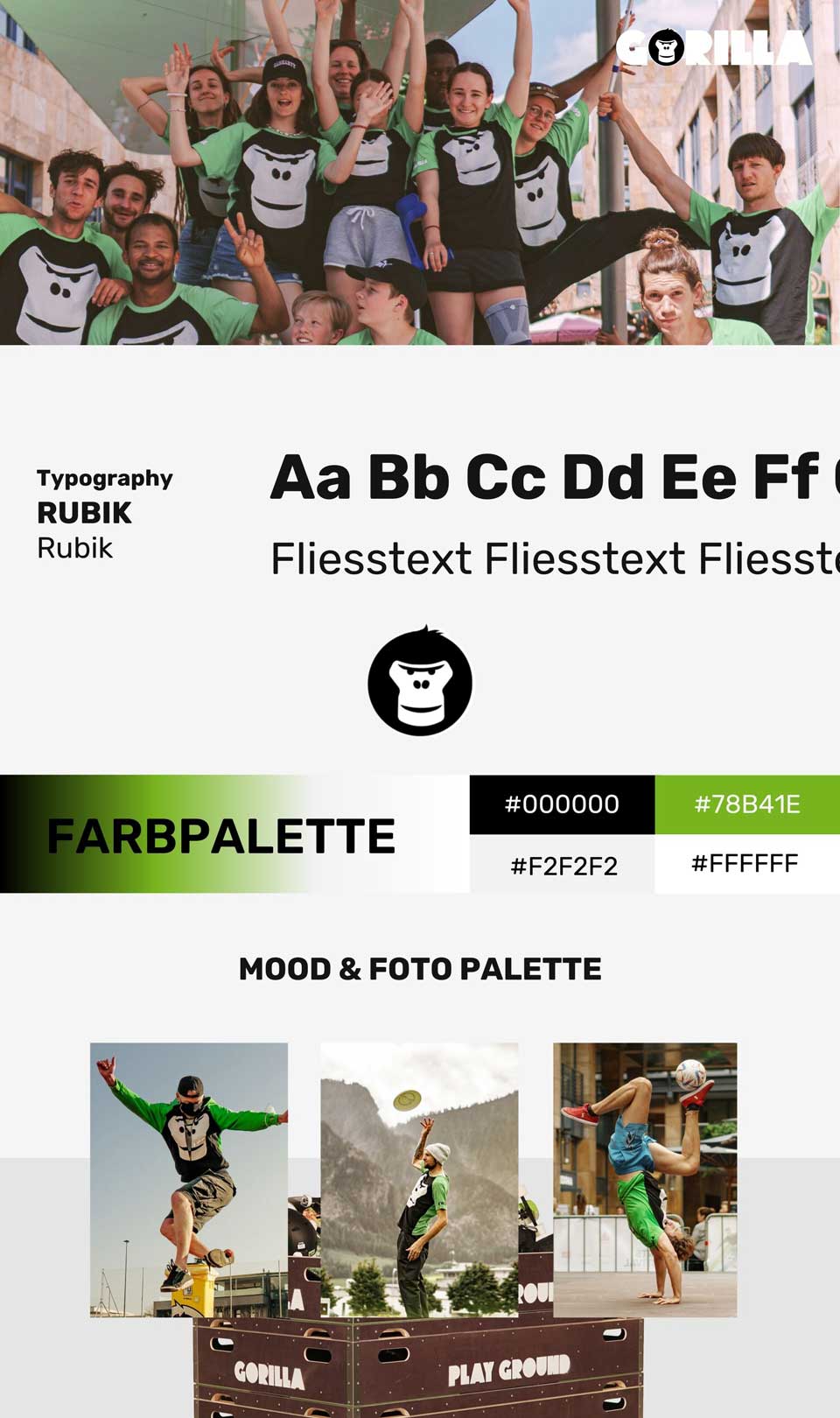 Gorilla Schulprogramm Farb und Typografie, Moodboard