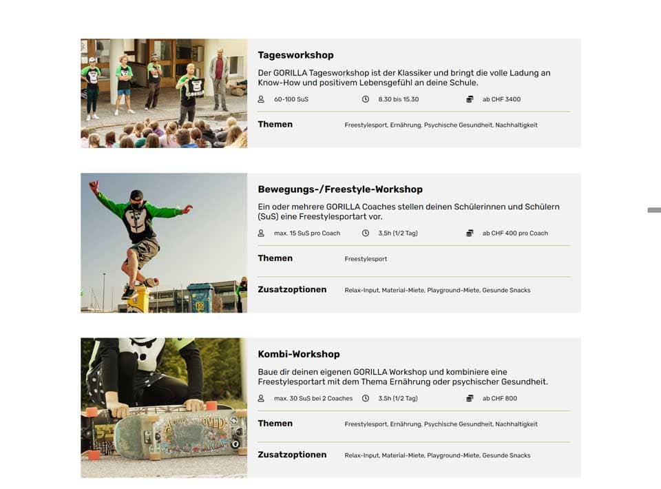 Webseite Gorilla Schulprogramm Darstellung Events Eventkalender